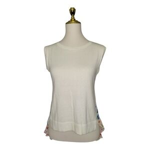 Theory White Sleeveless Cotton Cashmere Silk Floral Back Hem‎ Tank Top Size P